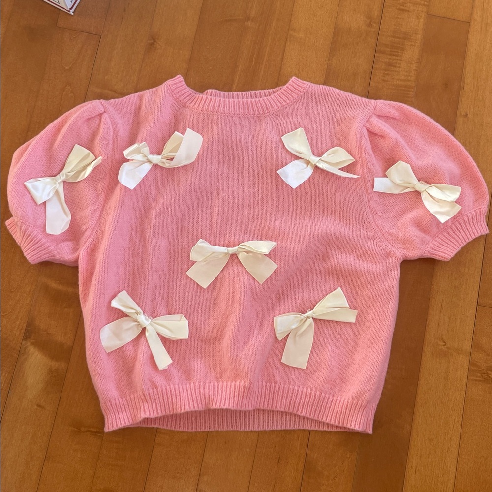 Pink Bow-Embellished Crew Neck Sweater - Picture 6 of 8
